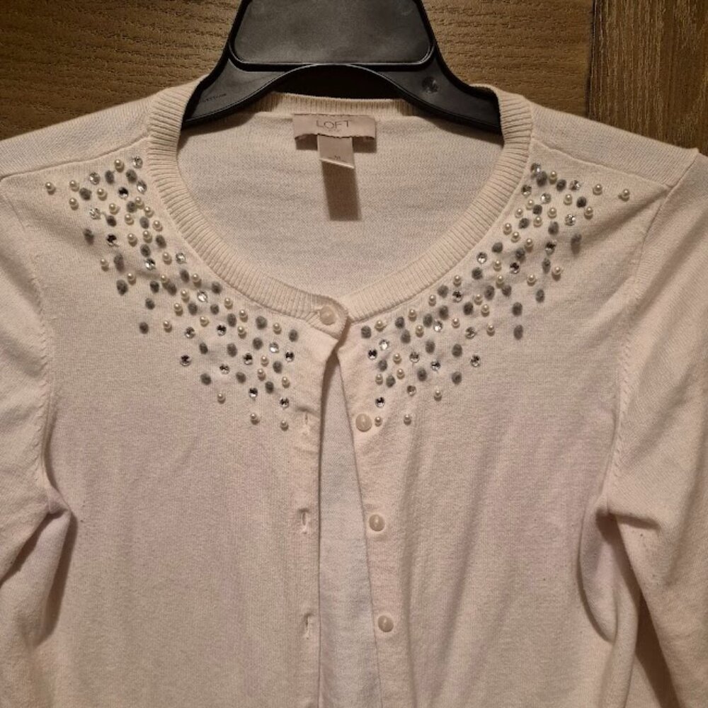 LOFT Women's Embellished Bejeweled Collar Cream Cardigan Size M